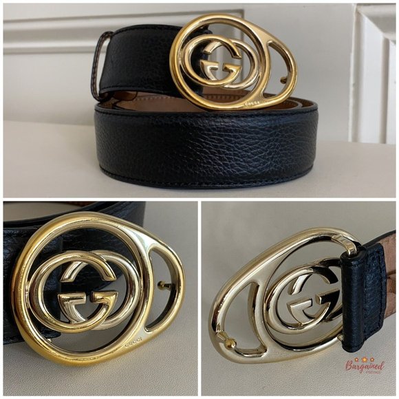 Authentic Gucci Black Pebbled Leather Gold Interlocking G Buckle Belt 80/32 main image 9